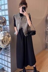 大码胖mm高级感时髦套装女秋冬法式小香风马甲连衣裙两件套200斤