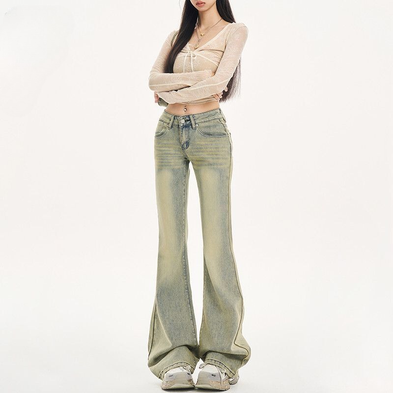 American-Style Flared Jeans for Women 2026 Trendy New Retro Low-Waist Loose Fit Yellow Mud Color Non-Tight Flared Pants