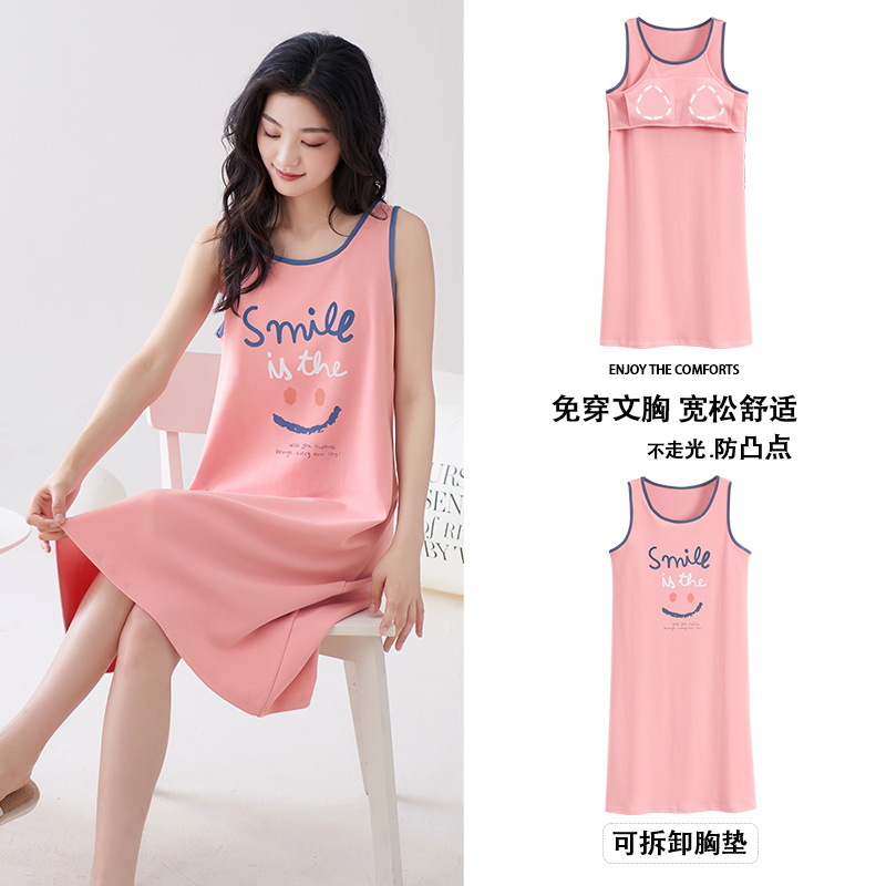 Vestido de chaleco de algodón de verano para mujer con almohadilla en el pecho sin mangas de algodón de dibujos animados de longitud media vestido homewear Pijamas