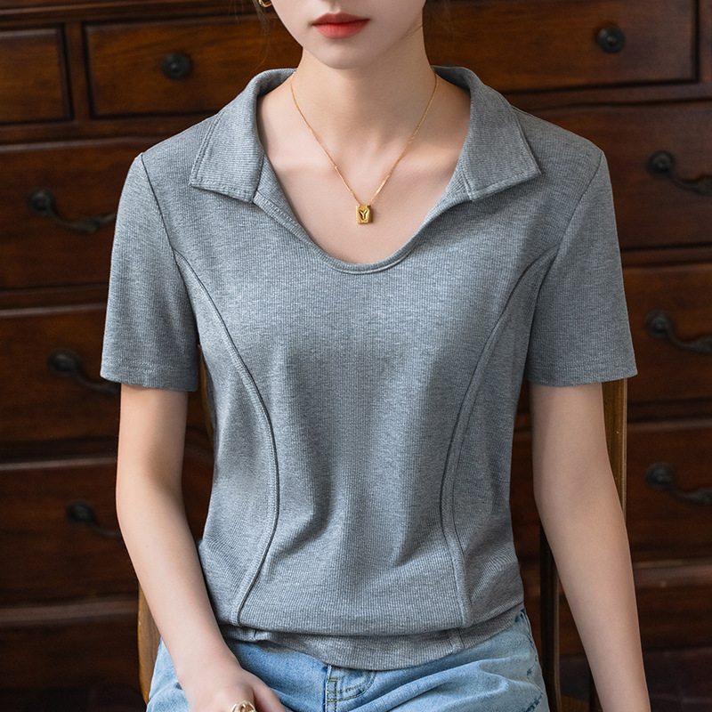 Camiseta de manga corta de hilo para mujer verano 2023 nueva camiseta de solapa elegante para mujer camisa de polo de estilo maduro ligero Fishbone top