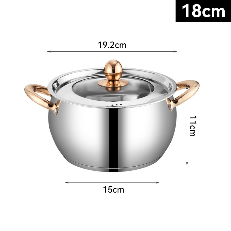 Suministro exclusivo transfronterizo de juego de ollas para sopa de acero inoxidable con forma de barriga, con doble fondo engrosado y mango de oro rosa, sartén doméstica, utensilios de cocina para exportación.