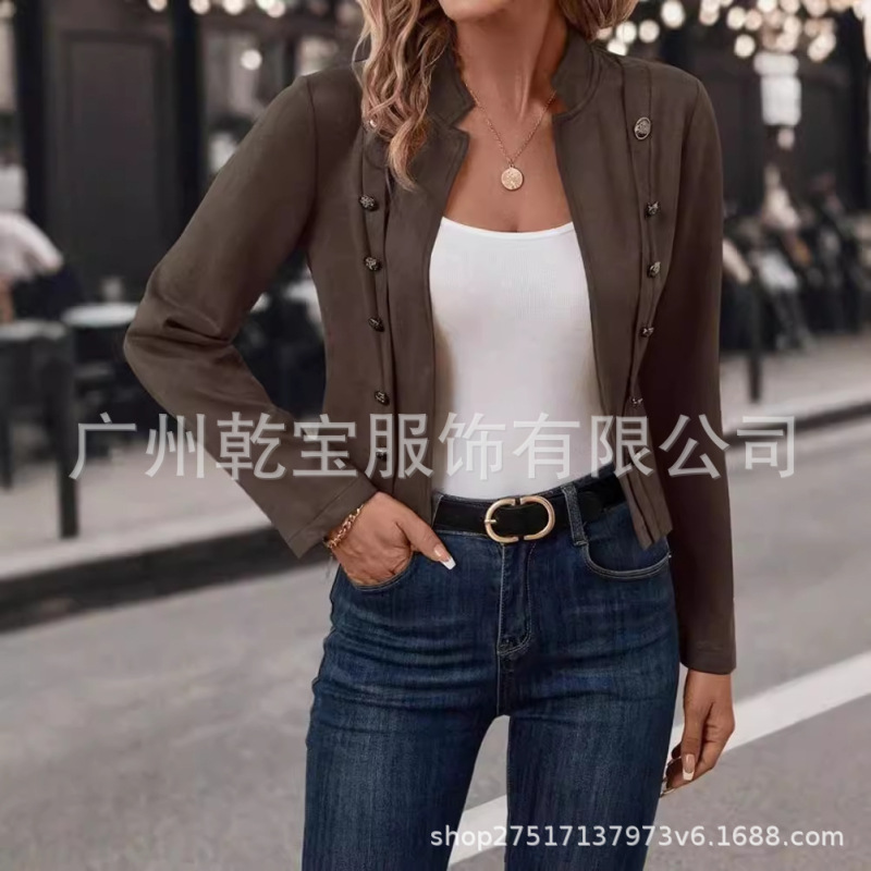 2025欧美跨境外贸纯色双排扣装饰夹克新款鹿皮绒复古长袖外套现货|undefined