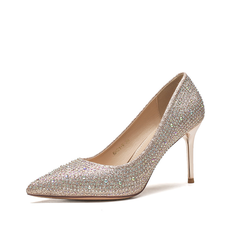 2024 New Water Diamond High Heels Women's Wedding Shoes New Versatile Bright Diamond Women's Shoes Hot Diamond Pointed Thin Heel Shoes_voghion.com