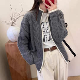 老钱风麻花100%羊毛开衫外套女秋冬新款韩版宽松慵懒针织打底毛衣