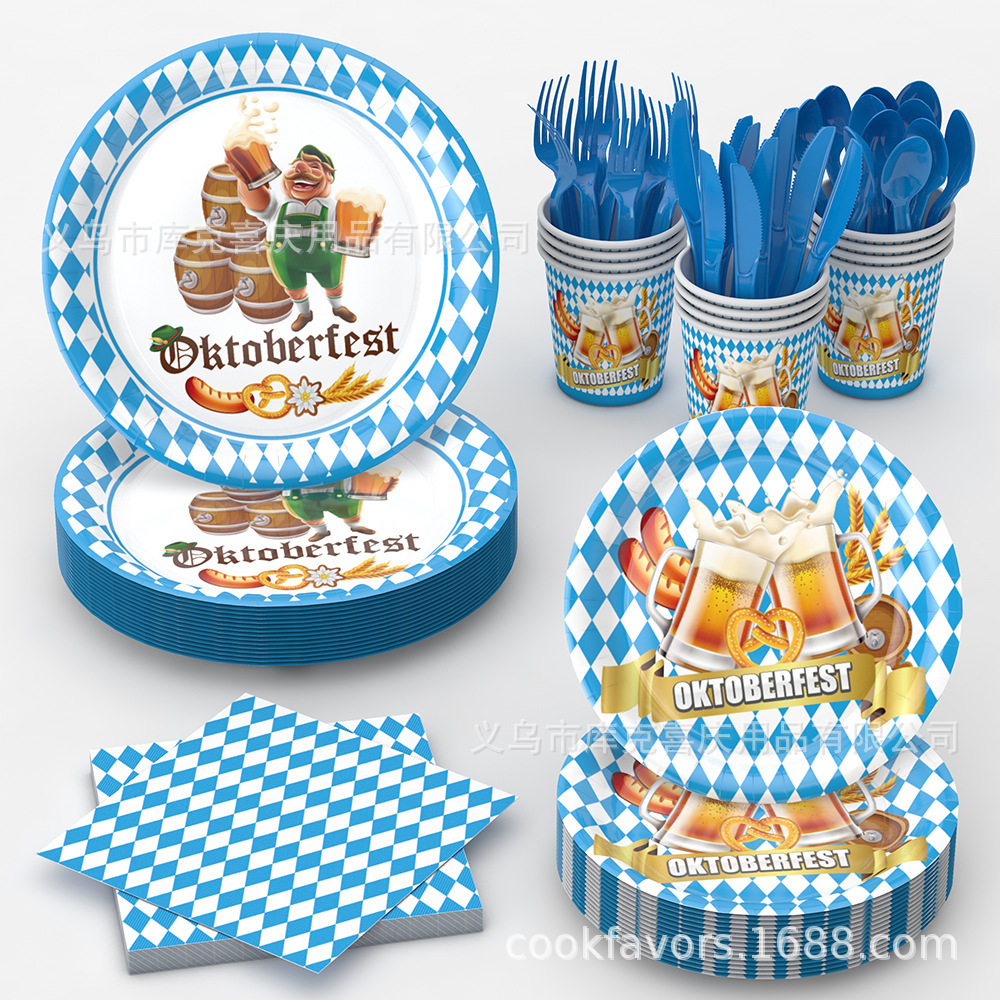 Nuevo Alemania Oktoberfest Party Decoración azul y blanco bandeja de papel desechable tazas de papel toallas de papel set de cubiertos