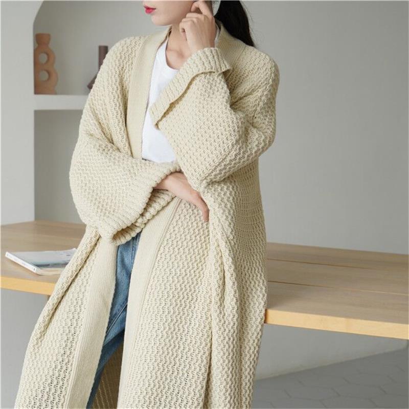Otoño e Invierno nueva suelta larga Chaqueta de punto europeo y americano perezoso estilo grueso aguja línea elegante suéter del todo-fósforo para las mujeres image 5