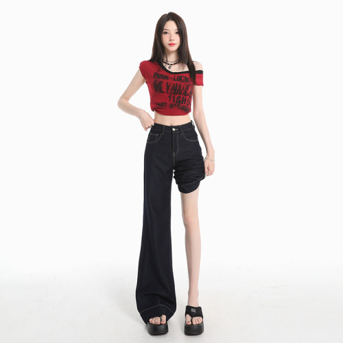 Original Color Belt Loose Jeans Four-Directional Stretch Drape Wrinkle-Resistant Wide-Leg No-Fade Floor-Length Cotton Jeans