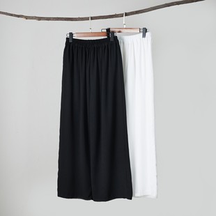 25 New Summer Casual Chiffon Straight Pants Chinese Style Retro Loose Wide Leg Pants Mid-Waist Pure Color Pants White