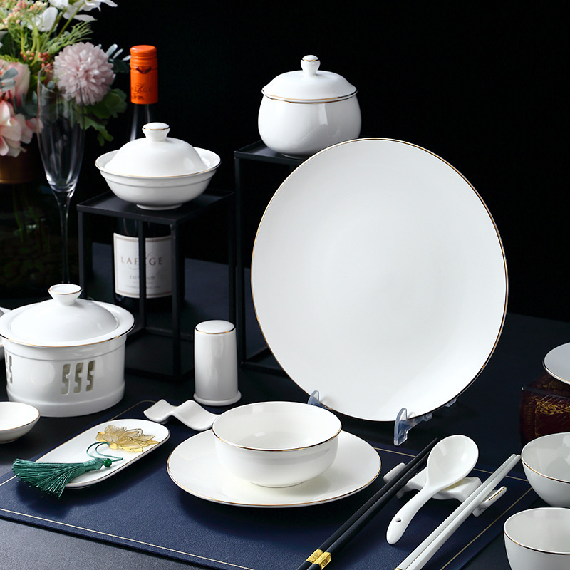 Hotel plate golden edge bowl and dish table suit private club high-end tableware company Box Chinese printed LOGO