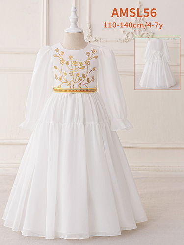 Girls' long robe with patchwork print, mid-length skirt, children's party dress, evening gown, embroidered long-sleeved performance outfit