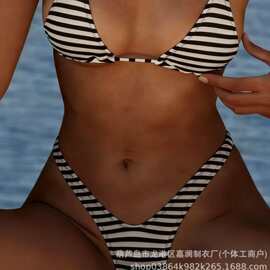 2025新款欧美黑白条纹泳衣女士性感三点式比基尼女欧美厂家批发