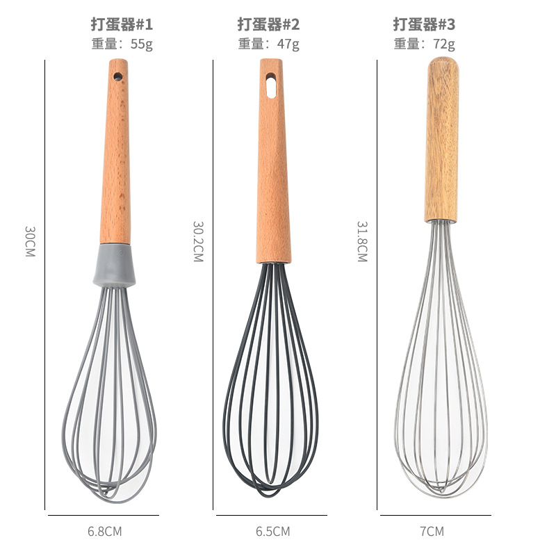 New household 12-inch stainless steel eggbeater wooden handle hand-held egg blender baking tools in stock wholesale