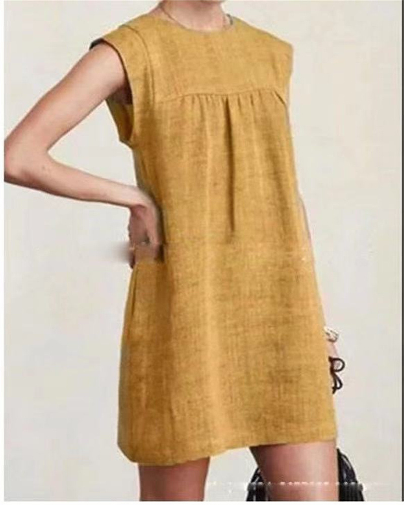 Cotton and Linen Fabric Type Mid Waist Waist Line Wholesale Women'S Vintage Style Patchwork Solid Color Holiday Round Neck Sleeveless Straight Skirt