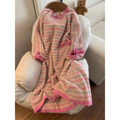 彩色条纹少女半边绒长袖睡裙女冬季新款家居服加厚保暖大码连衣裙