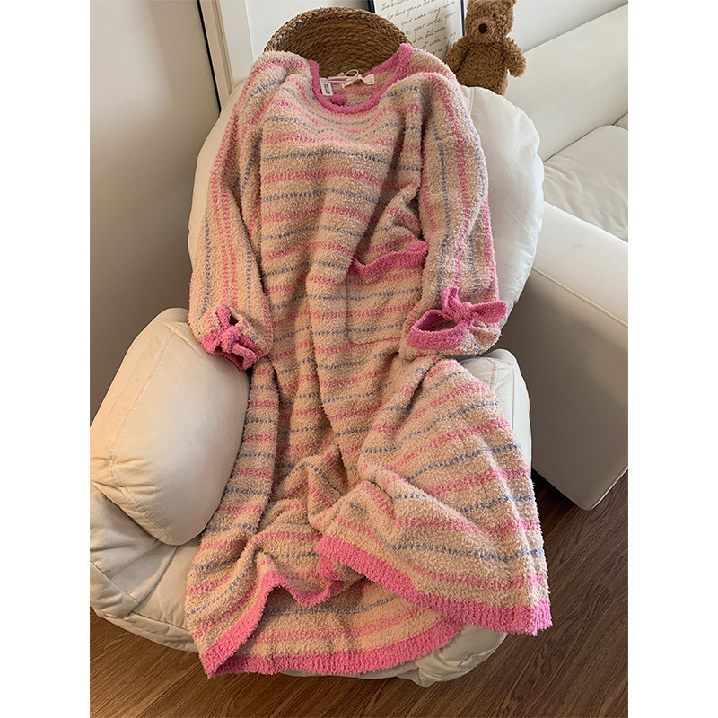 彩色条纹少女半边绒长袖睡裙女冬季新款家居服加厚保暖大码连衣裙|undefined