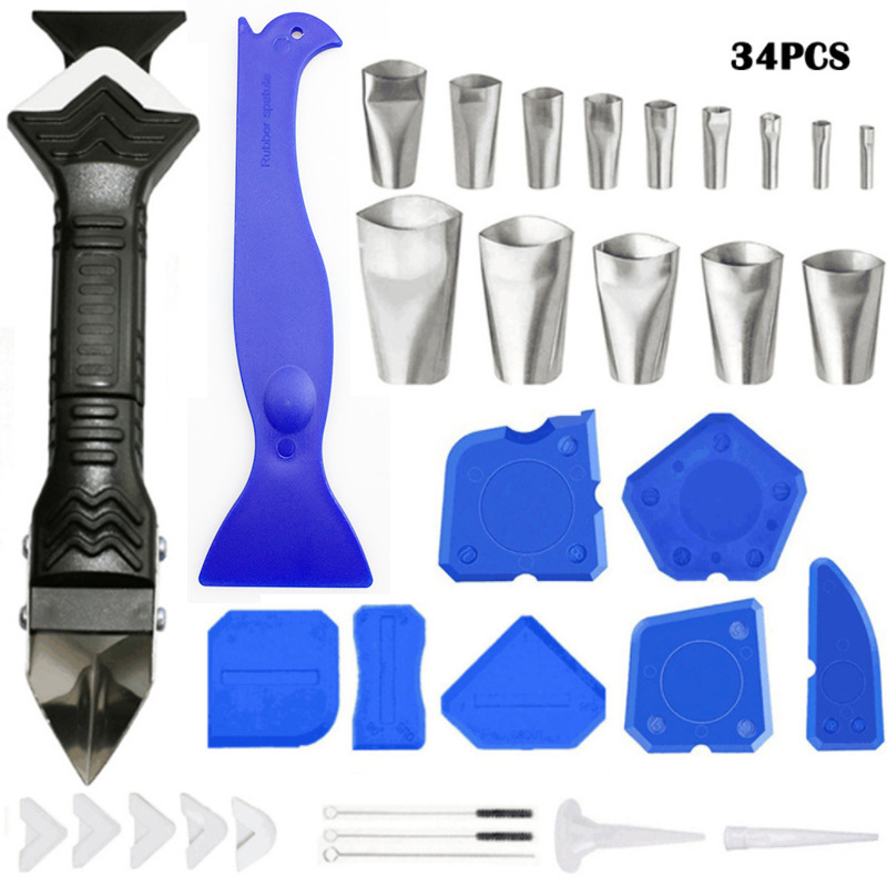 34件套三合一金属刮刀不锈钢胶嘴2合一勾刮填缝喷嘴刮胶器刮刀