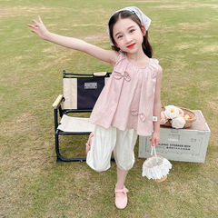 女童韓版套裝2024夏季新款寶寶蝴蝶結無袖背心上衣闊腿褲兩件套潮
