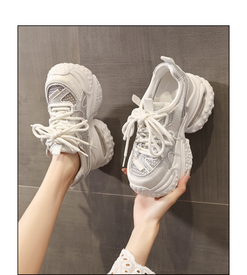 Giày sneaker nữ đế dày tăng chiều cao, mặt lưới đính đá rhinestone — Màu sắc rực rỡ bạc chi tiết 13