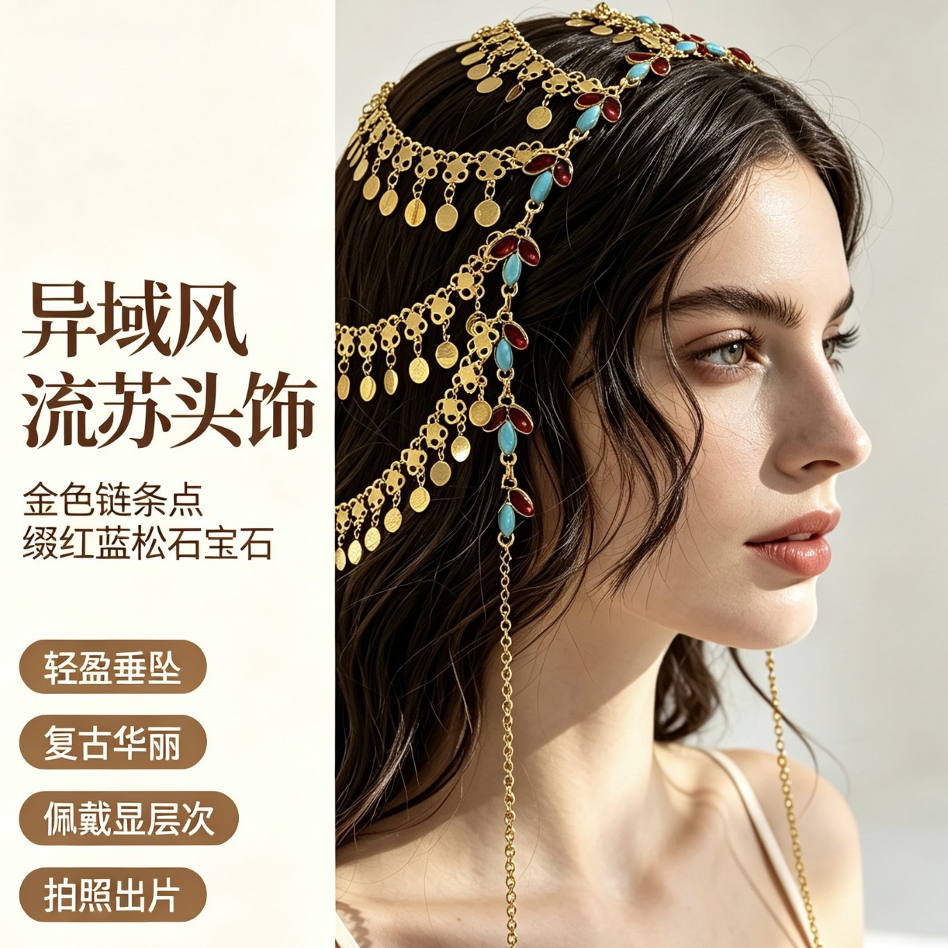 Popular multi-layered round disc and coin tassel hair chains, a hot-selling item in Europe and America, also known as Middle Eastern Arabian headpieces and bohemian head chains