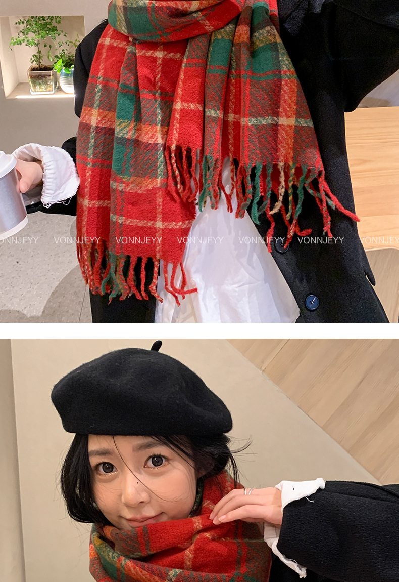 Regalo di Capodanno: sciarpa scozzese con nappe rosse natalizie, sensazione invernale di alta qualità per le donne, caldo scialle coreano, sciarpa spessa_voghion.com