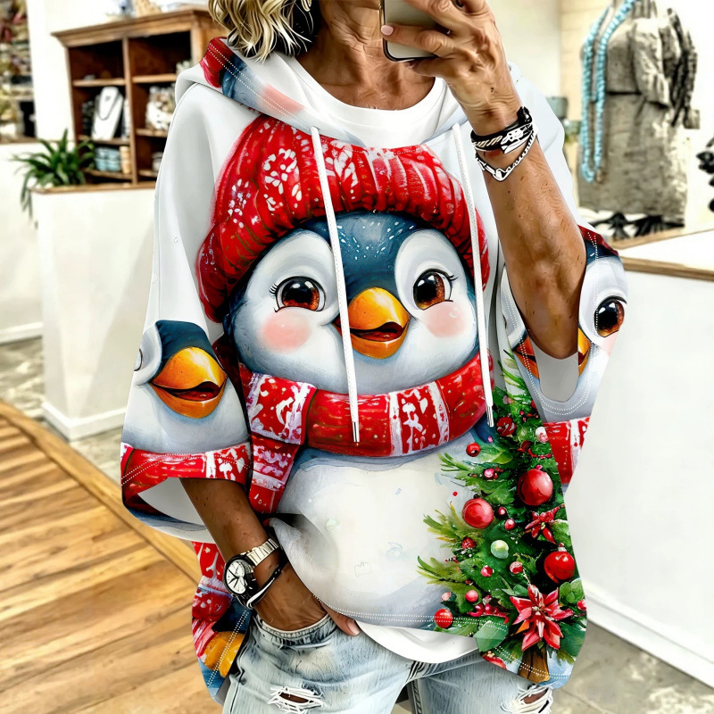 2026 new women's three-quarter sleeve hooded sweatshirt with Christmas penguin and Christmas tree pattern print