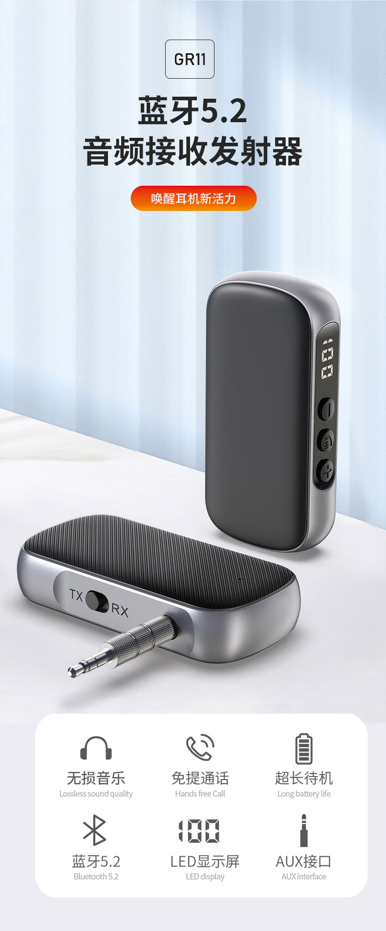 Car Bluetooth Audio Converter LED Digital Display Qualcomm Chip Speaker Bluetooth Receiver and Transmitter 2-in-1