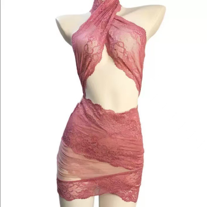 Halter-neck Sheer Lace Bodycon Lingerie Dress with Beaded Chain Detail — detail image 5