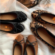 葡萄妈同款 真皮马毛经典圆头浅口百搭蝴蝶结豹纹平底单鞋女春秋