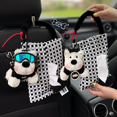 New car tissue box with West Highland puppy design, hanging car tissue holder, high-end interior seat back storage decoration