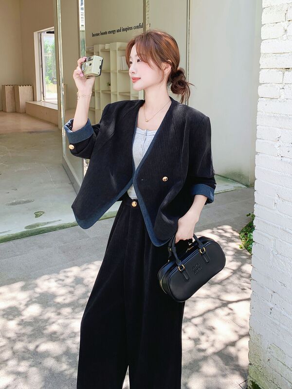韩系黑色雪尼尔牛仔拼接西装套装女秋季2025新款气质阔腿裤两件套|undefined