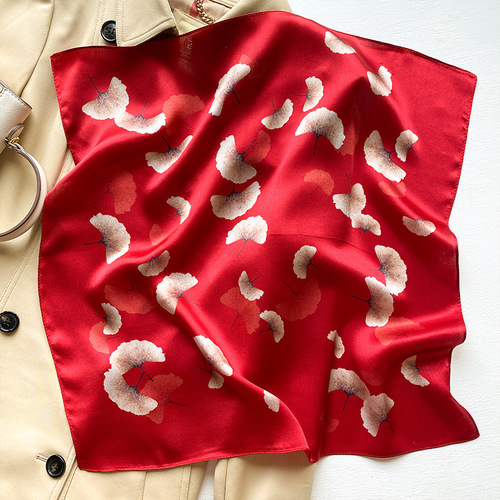 Wholesale Chinese Red Ginkgo Leaf Silk Small Square Scarf Mother's Style Spring and Autumn Decorative Silk Scarf Mulberry Silk Women's Suit