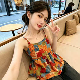 CD727复古度假风彩色油画印花吊带背心女夏季漂亮短款无袖上衣潮