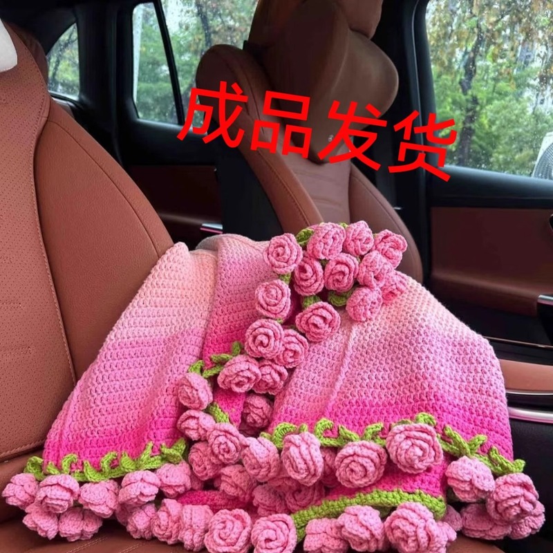 成品玫瑰花束毯子毛线编织手工团钩织花朵毛毯夏季盖毯成品|undefined