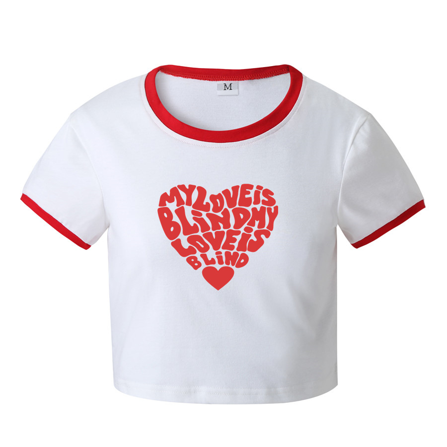 New Fashion Creative Solid Color Heart Print Slim Short T-shirt display picture 5