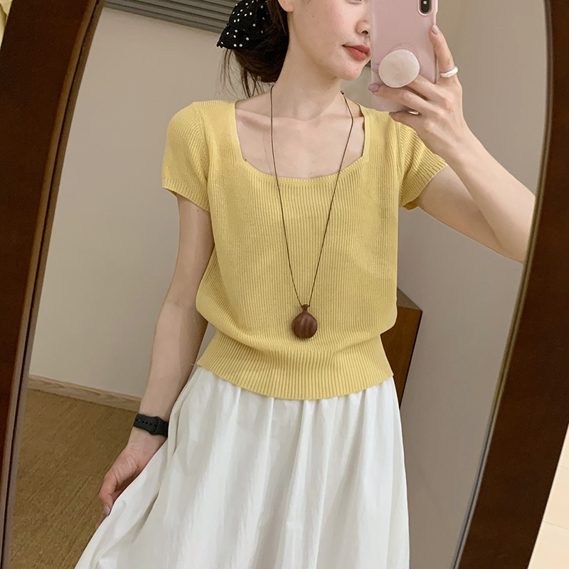 夏スクエアネッククラインブルー半袖セーター婦人服韓国風ショートアイスシルクボトムシャツ西洋スタイル痩身トップ|undefined