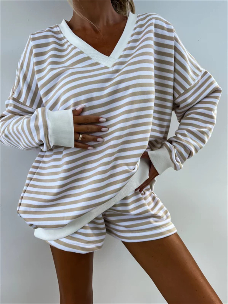 Casual Striped Suit For Women V-neck Long-sleeved Loose Top Paired With Shorts In The Same Color Ladies Spring Summer 2piece Set_voghion.com