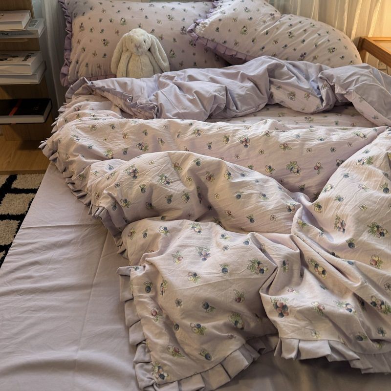 Purple Grape Double Quilt Cover Four-Piece Set Washed Cotton Student Bed Sheetss Double-Layer Gauze Lace Quilt Cover Dormitory Bed Three-Piece Set