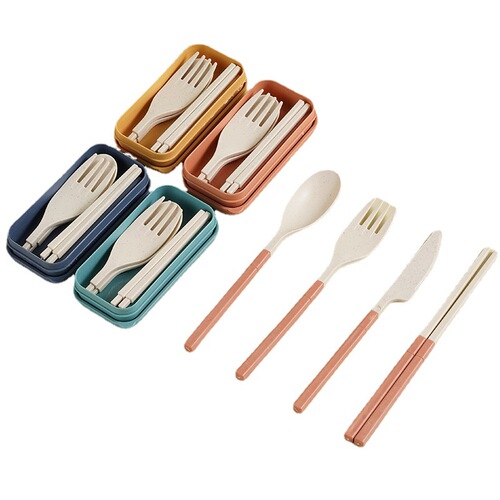 Japanese wheat straw tableware knife, fork, spoon and chopsticks three-piece set folding portable tableware storage box gift set