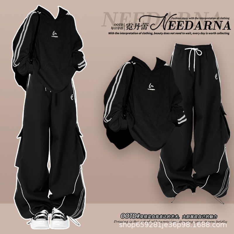 Autumn Suit for Women 2025 New Korean Style College Style Casual Sweatshirt with Loose Cargo Pants Two-Piece Set
