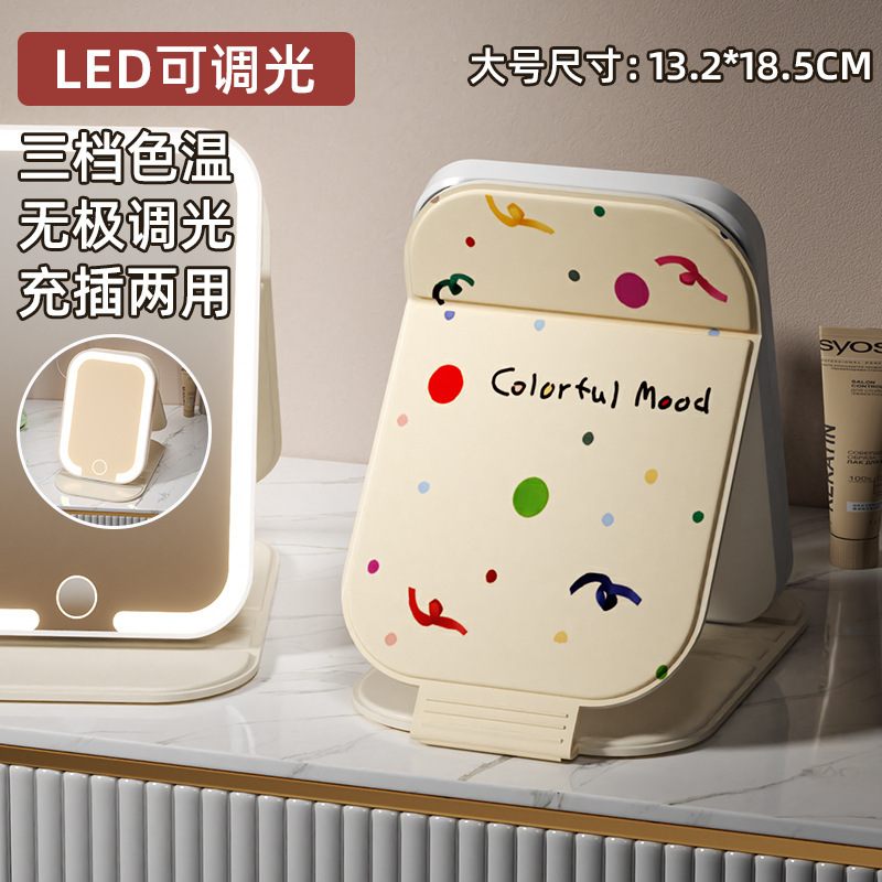 Espejo de maquillaje plegable portátil lindo con lámpara led escritorio de escritorio para estudiantes de escritorio dormitorio dibujos animados espejo doméstico