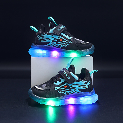 Spring and Autumn New Children's Sports Shoes with Leather Surface and LED Lighting, for Boys Aged 1-6, Sports and Casual Shoes