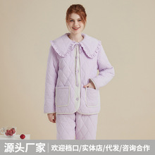 三层加绒加厚纯棉睡衣女冬季保暖甜美超厚夹棉家居服外穿套装省服