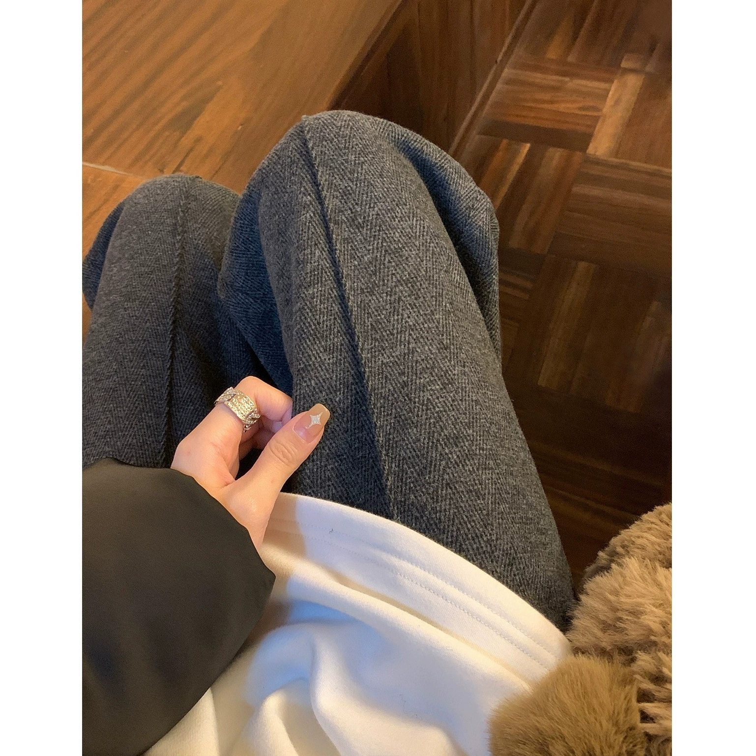 Широкие брюки с рисунком из елки женские осенние повседневные шерстяные брюки серые шерстяные прямые брюки