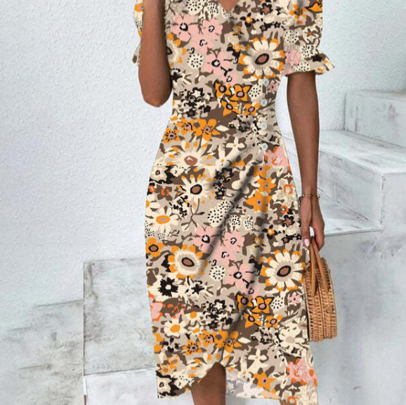 Women's dress Beach Elegant Bag V-Neck Bohemian Flower Pleated Hawaiian Long Dress Independence Day Print