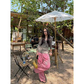 红白撞色条纹抽绳松紧腰长裤男女夏薄凉感百搭舒适慵懒风直筒休闲