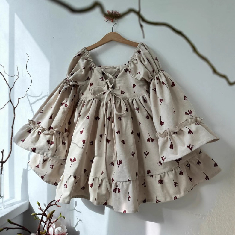 2025 Ins Russian Girls Spring & Fall Bell Sleeve Palace Style Lace-Up Jk Dress Kidsren's Swallowtail Skirt