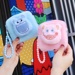 Cartoon 3D Small Monster Square Zero Wallet Aunt Pads Storage Bag Plush Student Small Wallet Bead Chain Pendant for Girls