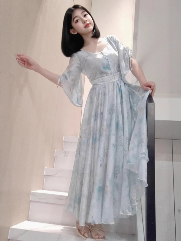 2025 春夏の新女性のカラフルなロングスカートプリントシフォンドレス超ロングスカート休暇ビーチスカート|undefined
