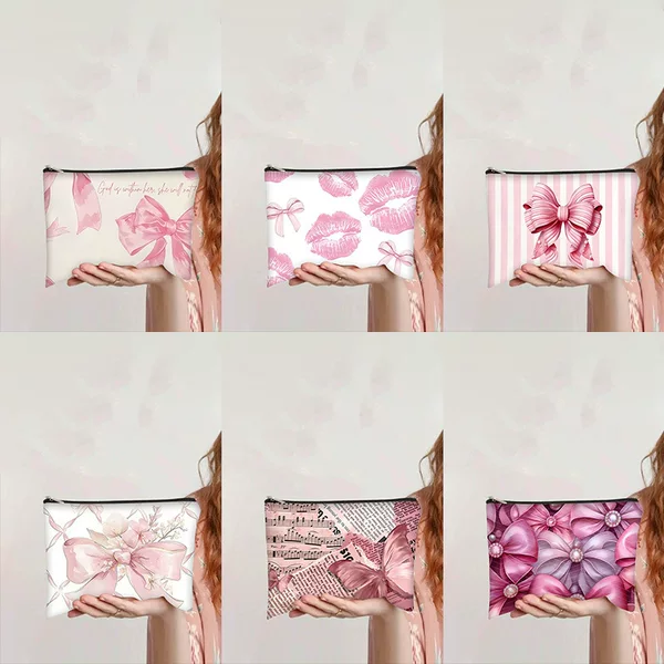 Cross-Border Amazon New Bow-Knot Makeup Bag Polyester Double-Sided Printed Women's Bag Toiletries Storage Bag