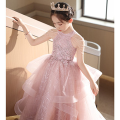 子供のドレスの女の子の誕生日のお姫様のスカートの花の子供のドレスの軽い豪華な子供の司会者のピアノはピンクを演出します。